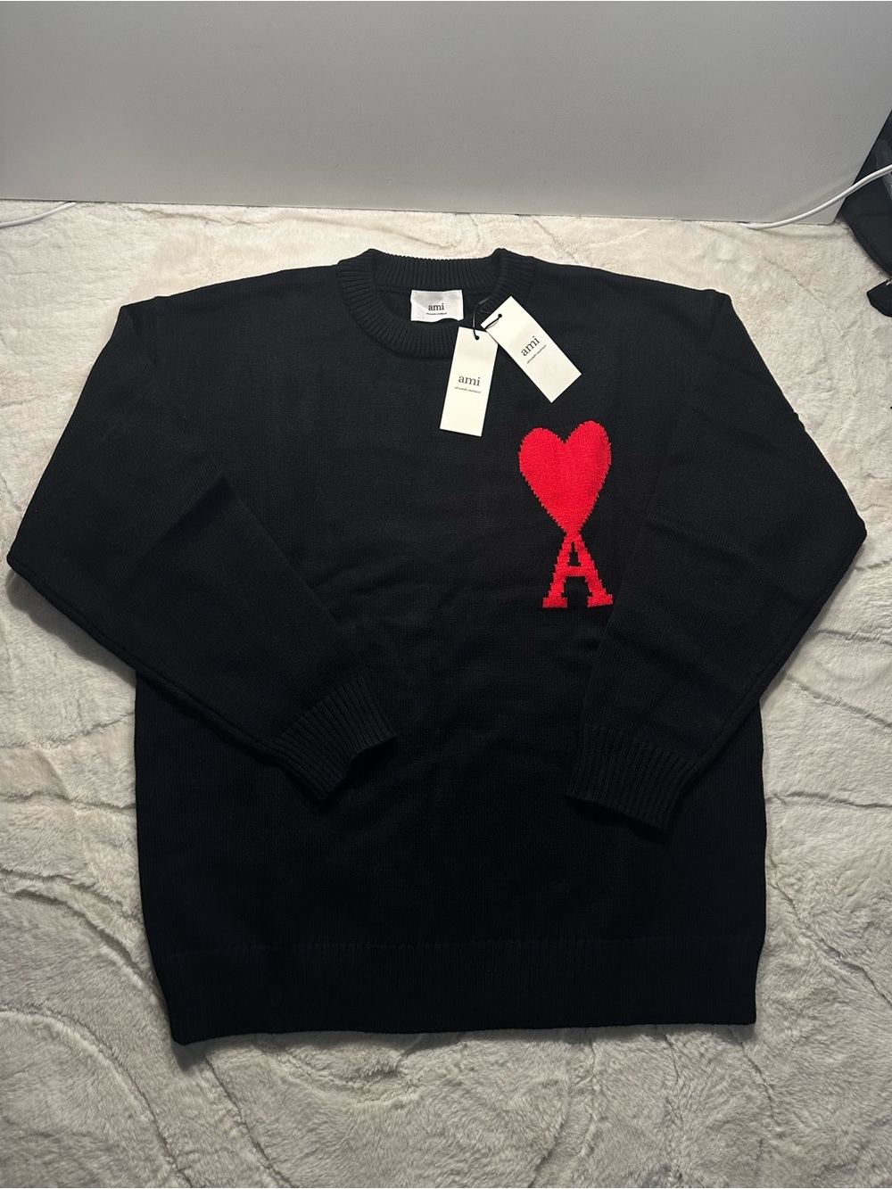 Ami Black Crewneck Sweater with Red Heart 'A' Motif M’L